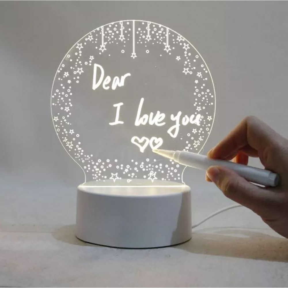Tableau de messages lumière LED transparent avec verre rond et socle blanc