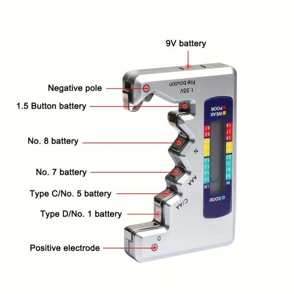Testeur de piles universel intelligent avec affichage LED intégré de la charge des piles - Argent