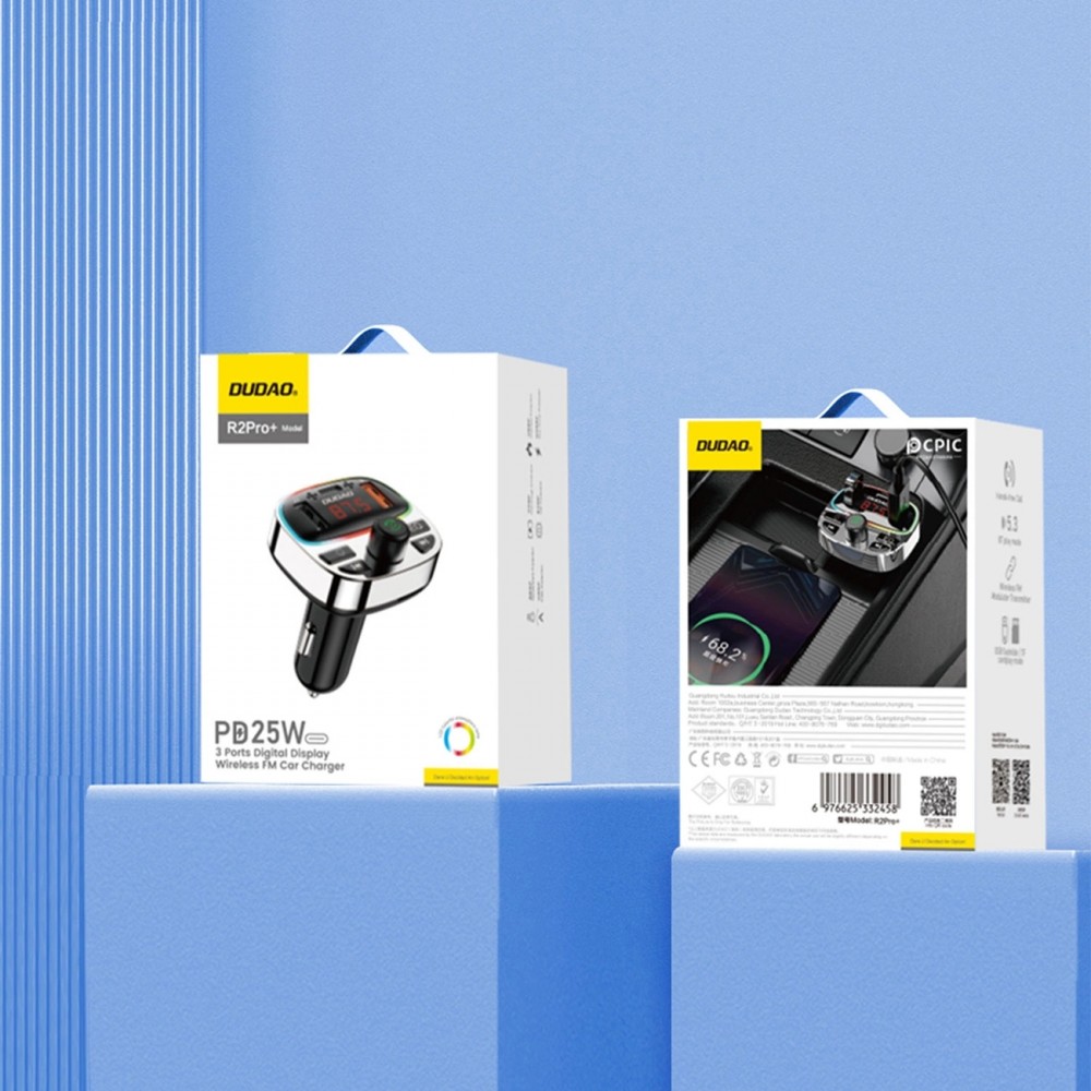 Transmetteur FM Dudao R2PRO+ Bluetooth 5.3 2x USB-A PD 25W avec couleur LED RGB - Argent