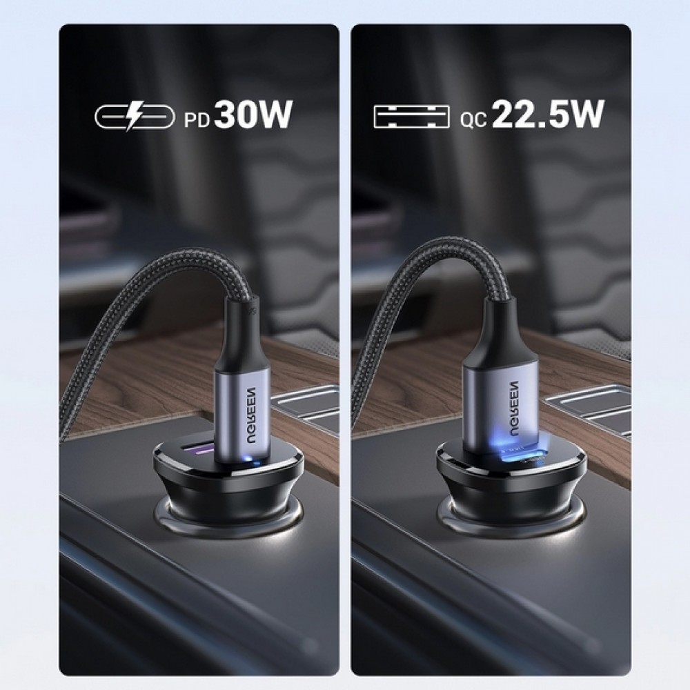 Ugreen 30W double prise de charge pour allume-cigare USB-A & USB-C Power Delivery QC3.0 - Noir