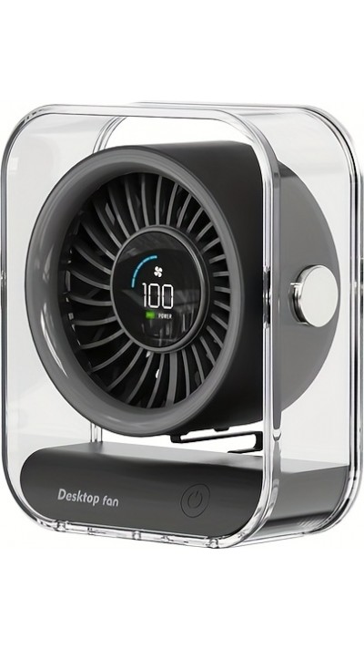 Ventilateur de bureau portable design transparent orientable avec écran LED (3 vitesses) - Noir