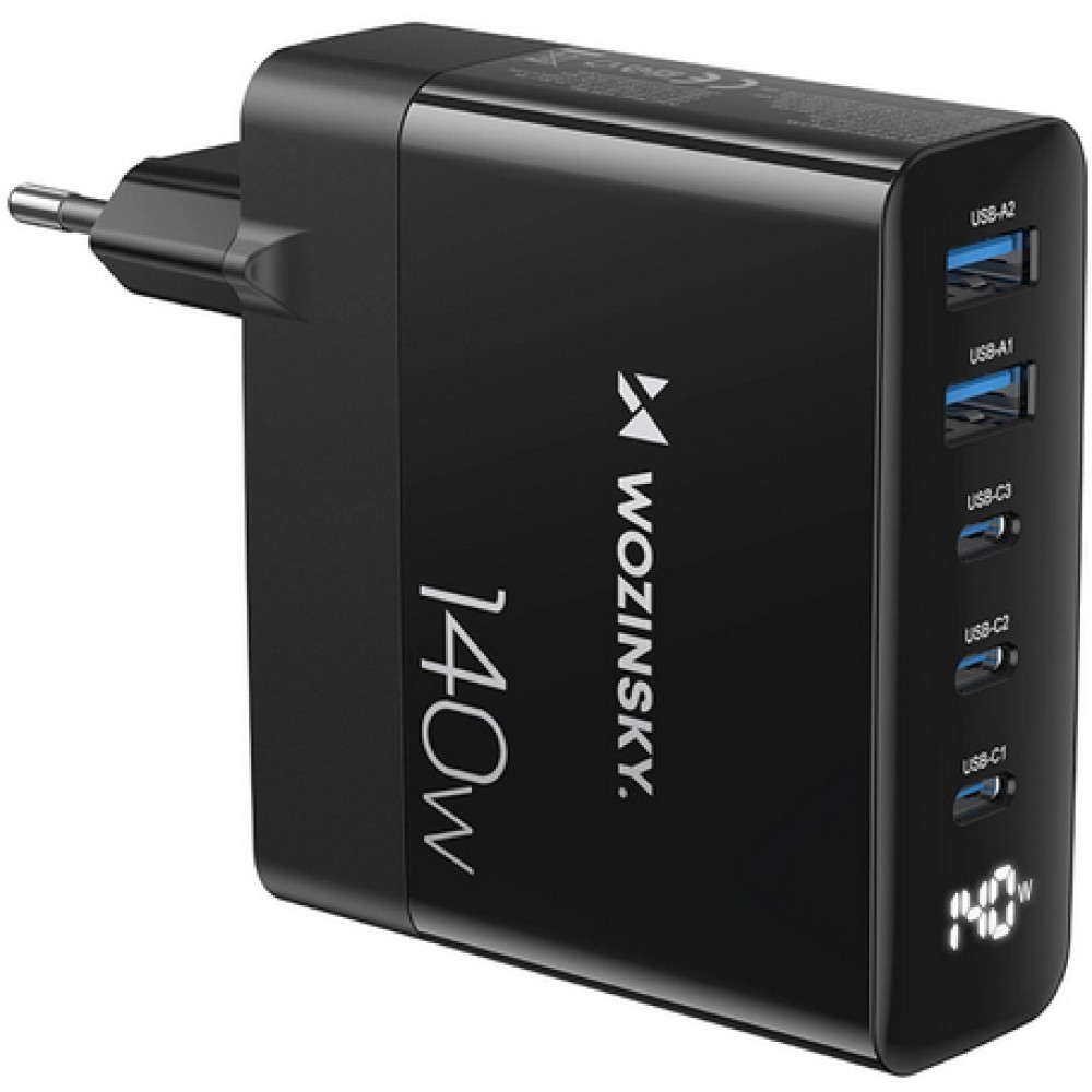 WOZINSKY Multi-adaptateur 140W Fast Charger GaN 5 in 1 Powerbooster 3x USB-C + 2x USB-A  - Noir