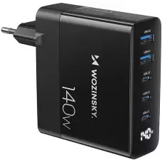 WOZINSKY Multi-Adapter 140W Fast Charger GaN 5 in 1 Powerbooster 3x USB-C + 2x USB-A  - Schwarz