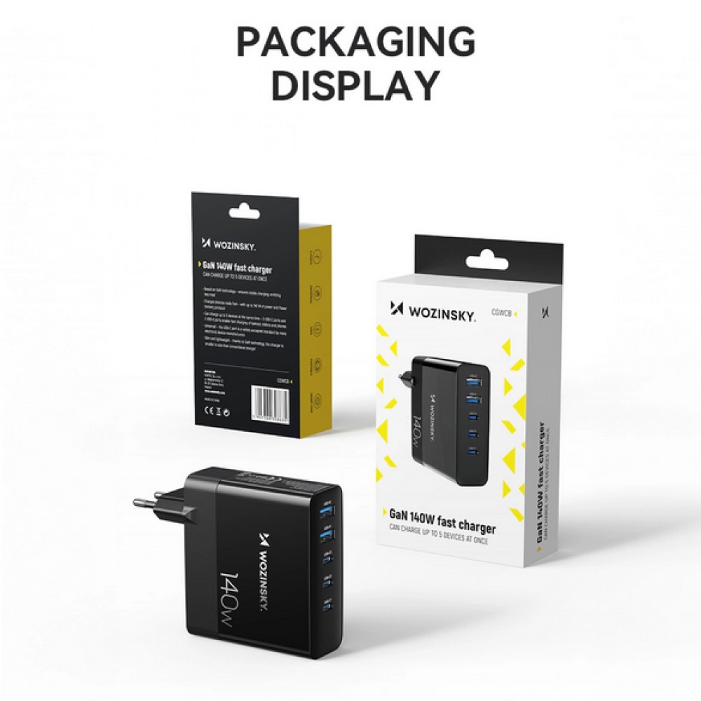 WOZINSKY Multi-adaptateur 140W Fast Charger GaN 5 in 1 Powerbooster 3x USB-C + 2x USB-A  - Noir