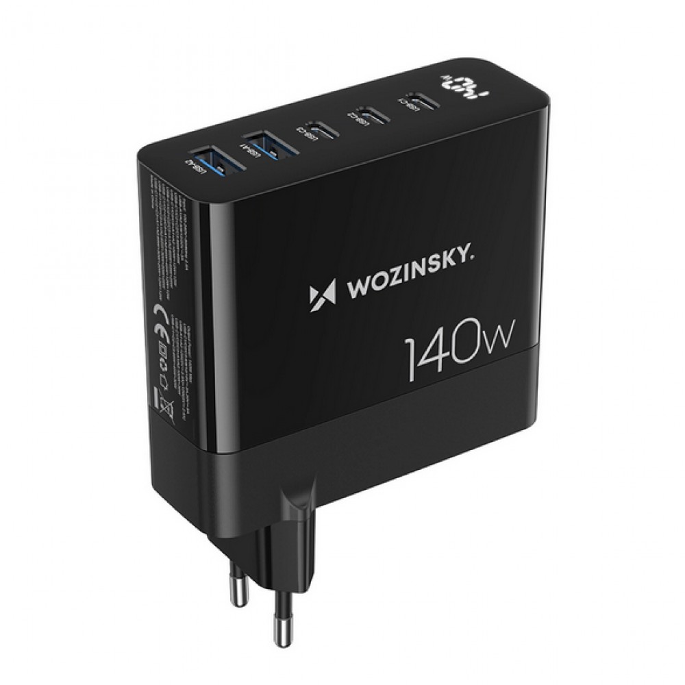 WOZINSKY Multi-adaptateur 140W Fast Charger GaN 5 in 1 Powerbooster 3x USB-C + 2x USB-A  - Noir
