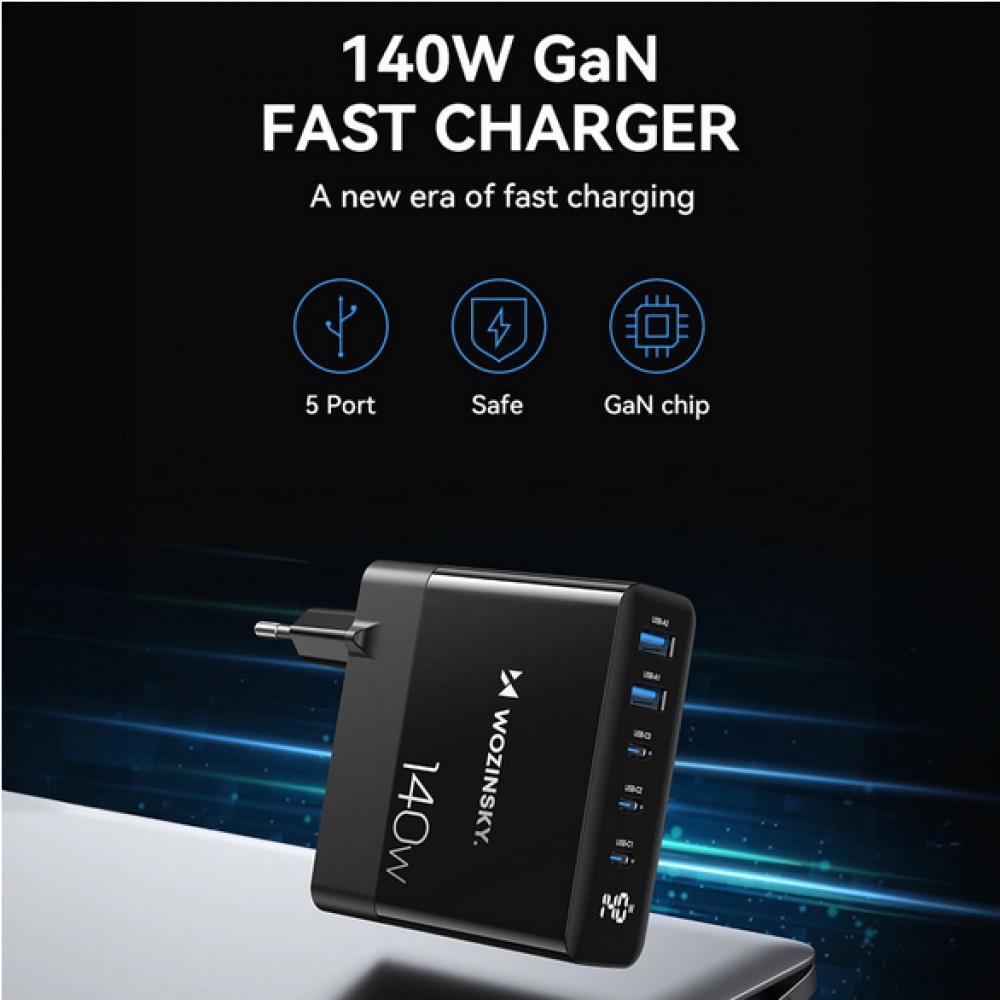 WOZINSKY Multi-adaptateur 140W Fast Charger GaN 5 in 1 Powerbooster 3x USB-C + 2x USB-A  - Noir