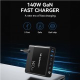 WOZINSKY Multi-adaptateur 140W Fast Charger GaN 5 in 1 Powerbooster 3x USB-C + 2x USB-A  - Noir