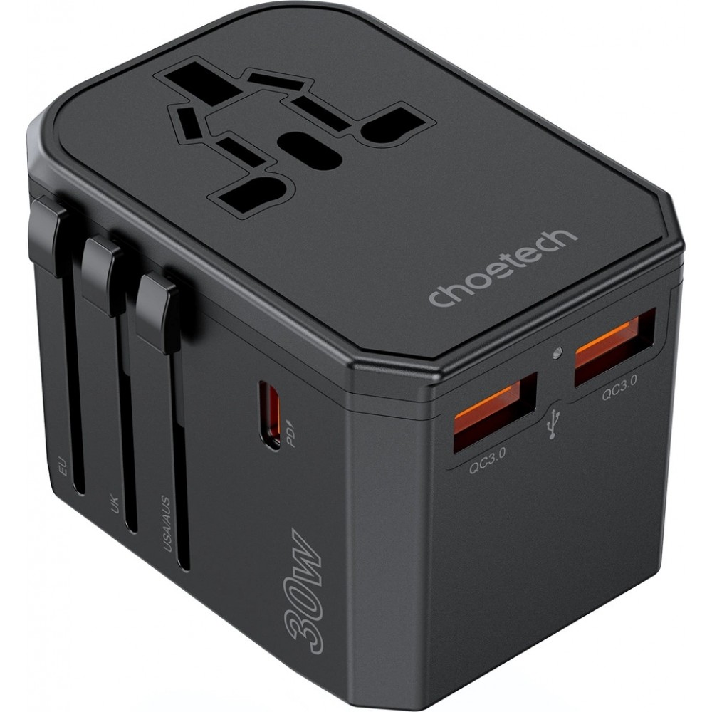 Adaptateur de voyage universel 30W tout-en-un USB-C USB-A PD 30W avec 4 prises USA / EU / UK / AUS - Noir