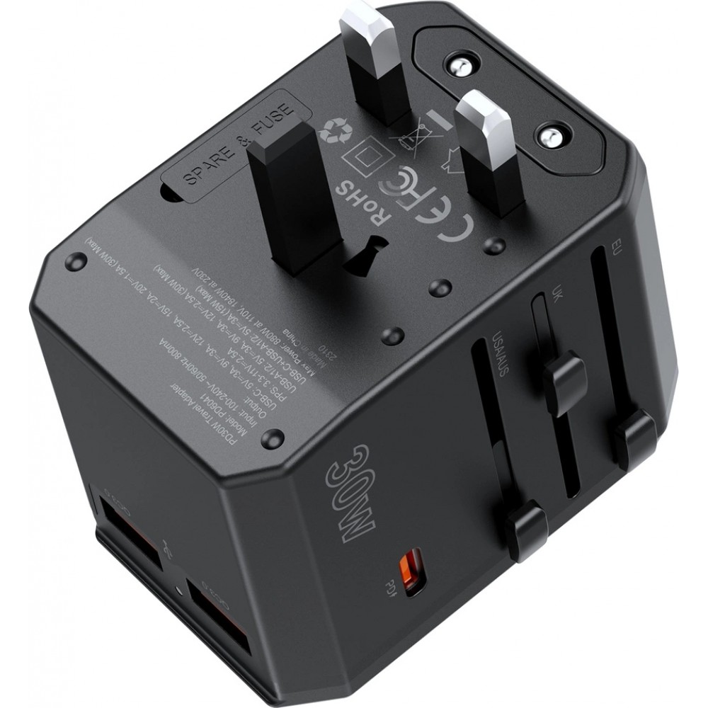 Adaptateur de voyage universel 30W tout-en-un USB-C USB-A PD 30W avec 4 prises USA / EU / UK / AUS - Noir