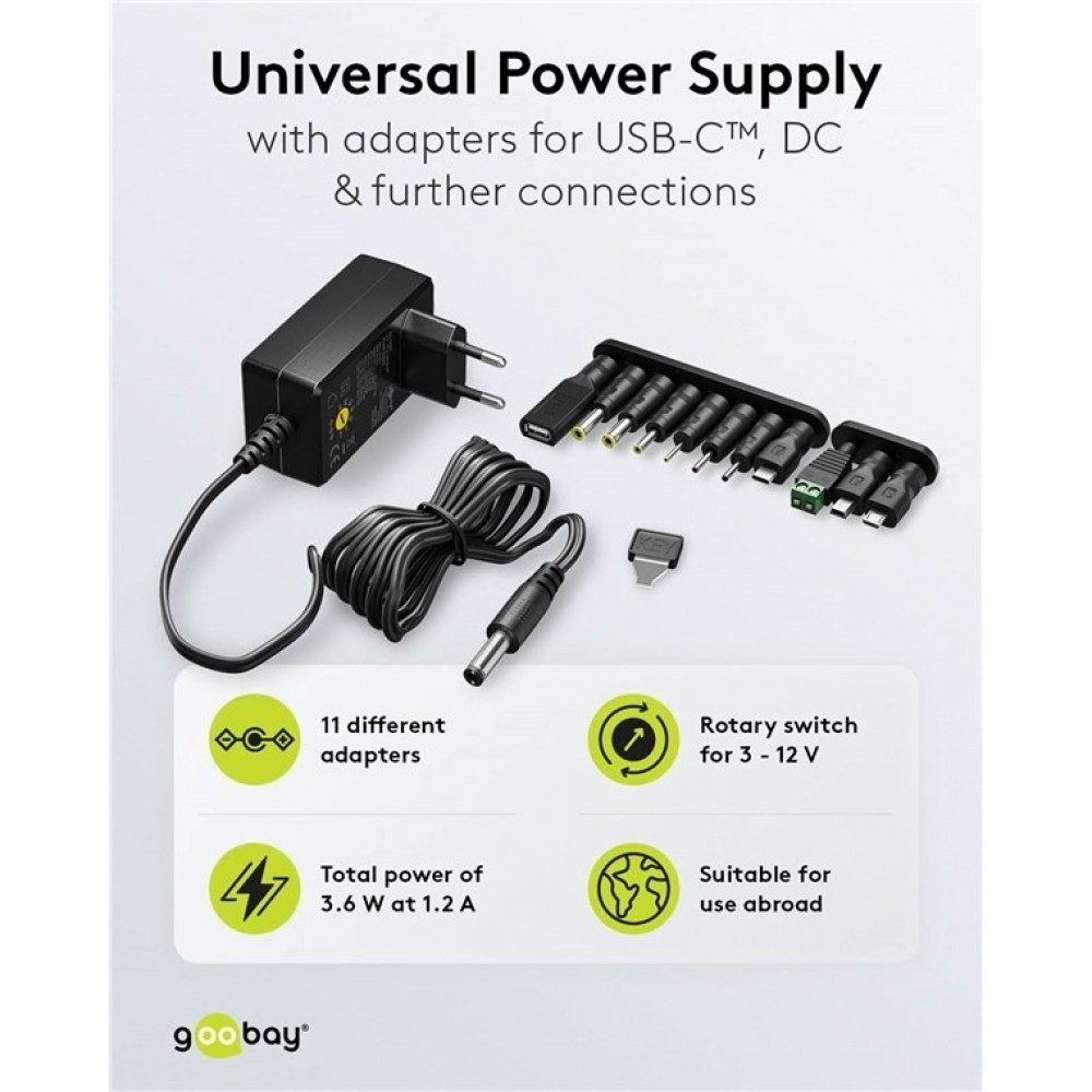 Goobay Universal-Netzteil 3V&ndash;12V max. 3,6W Regelbares Netzteil mit 12 Adaptern - Schwarz