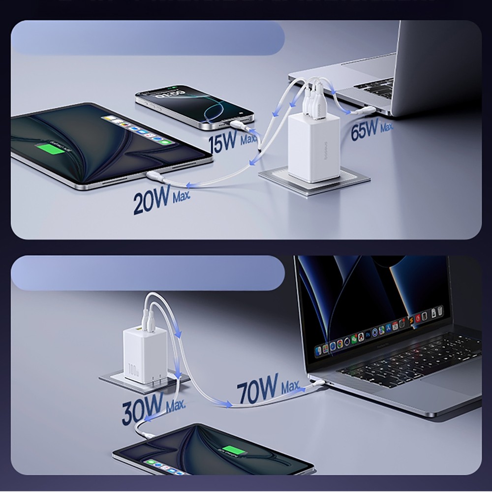 Baseus EnerFill FE11 3 en 1 chargeur mural rapide 2x USB-C / USB-A 100W - Blanc