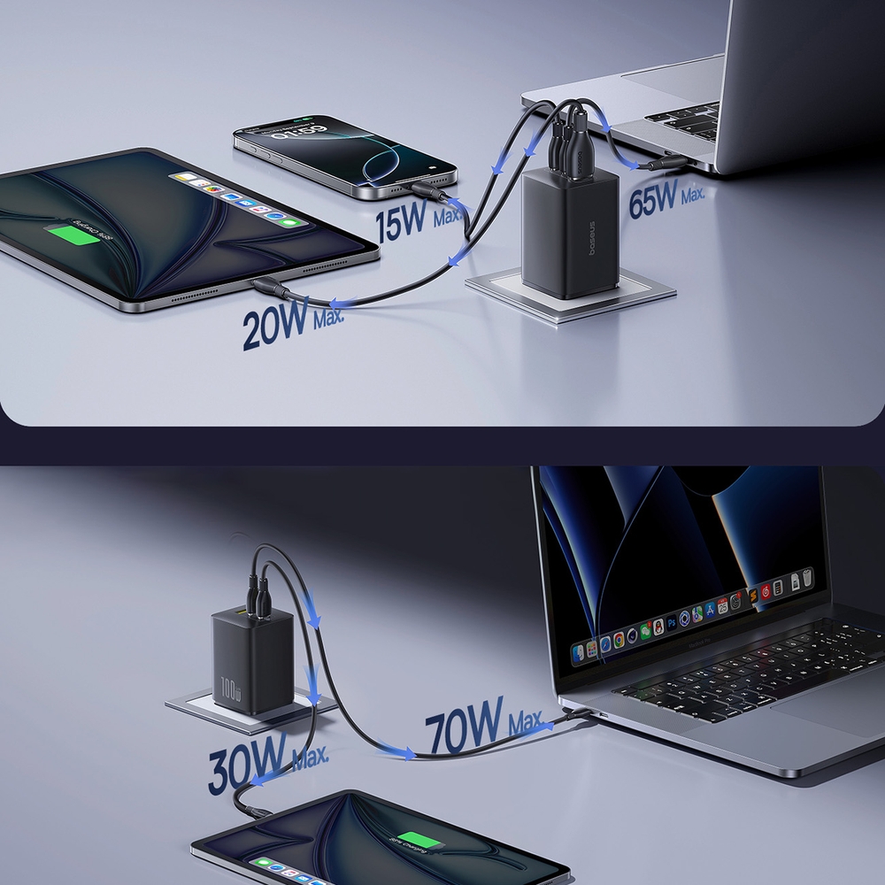 Baseus EnerFill FE11 3 en 1 chargeur mural rapide 2x USB-C / USB-A 100W - Noir