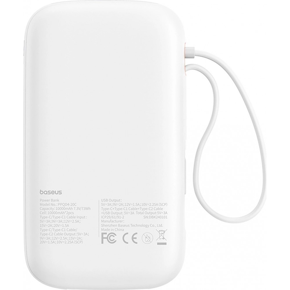 Batterie Externe Baseus QPow 2 20000mAh 30W avec Câbles USB-C Intégrés - Blanc