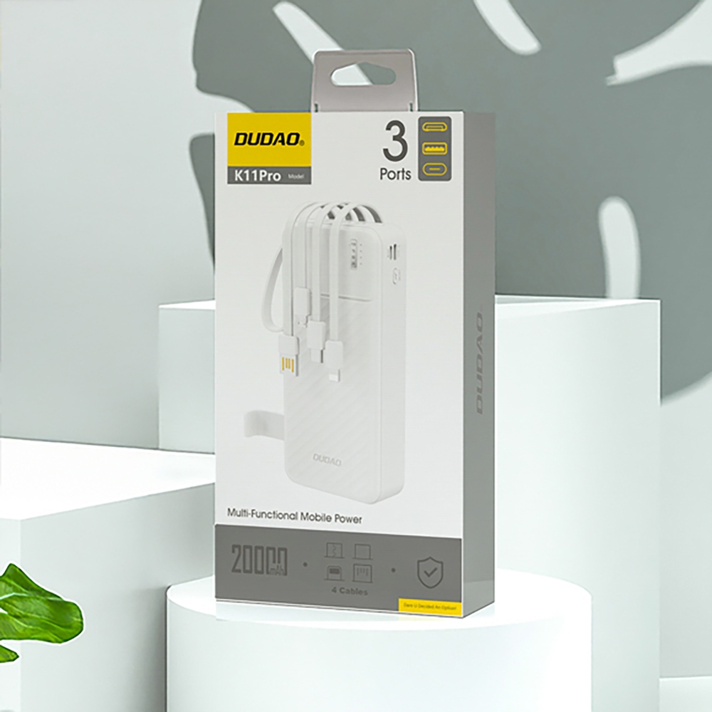 Dudao K11 Pro Powerbank 20000mAh Externe Batterie mit integrierten Kabeln - Weiss