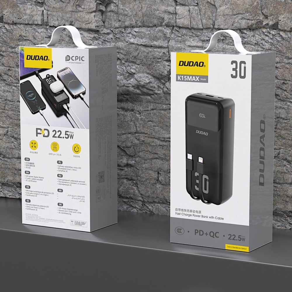 Batterie externe Dudao K15MAX 30000mAh PD 22.5W Power bank avec câbles intégrés - Noir