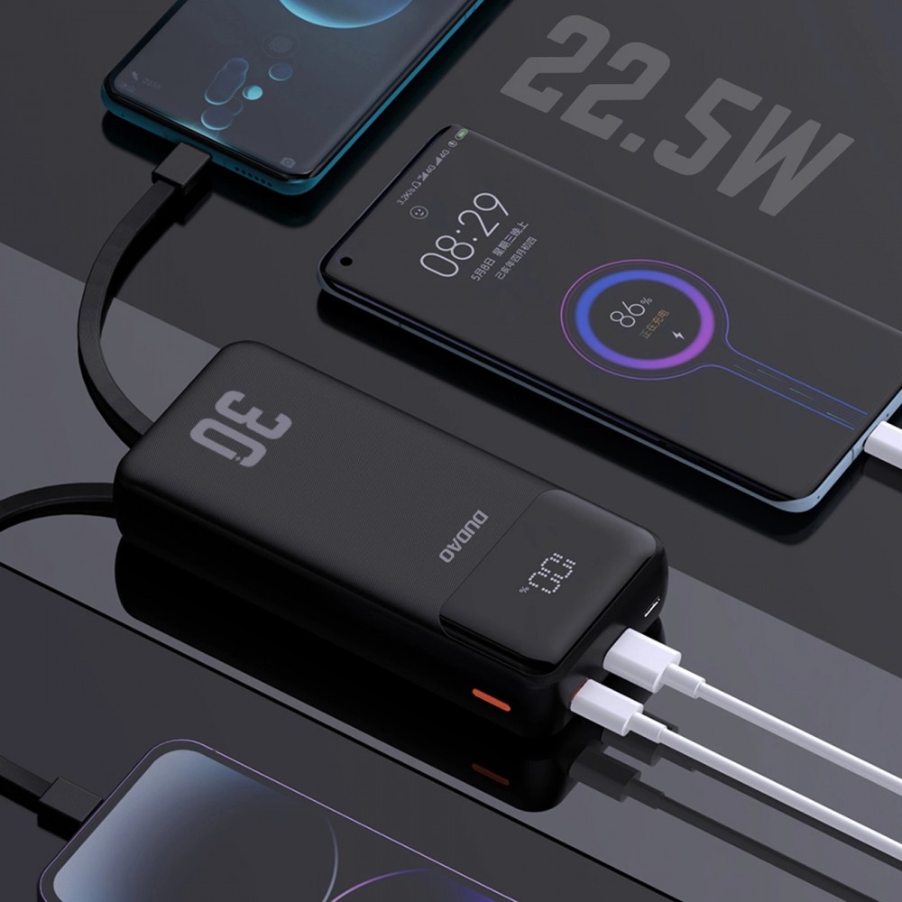 Batterie externe Dudao K15MAX 30000mAh PD 22.5W Power bank avec câbles intégrés - Noir
