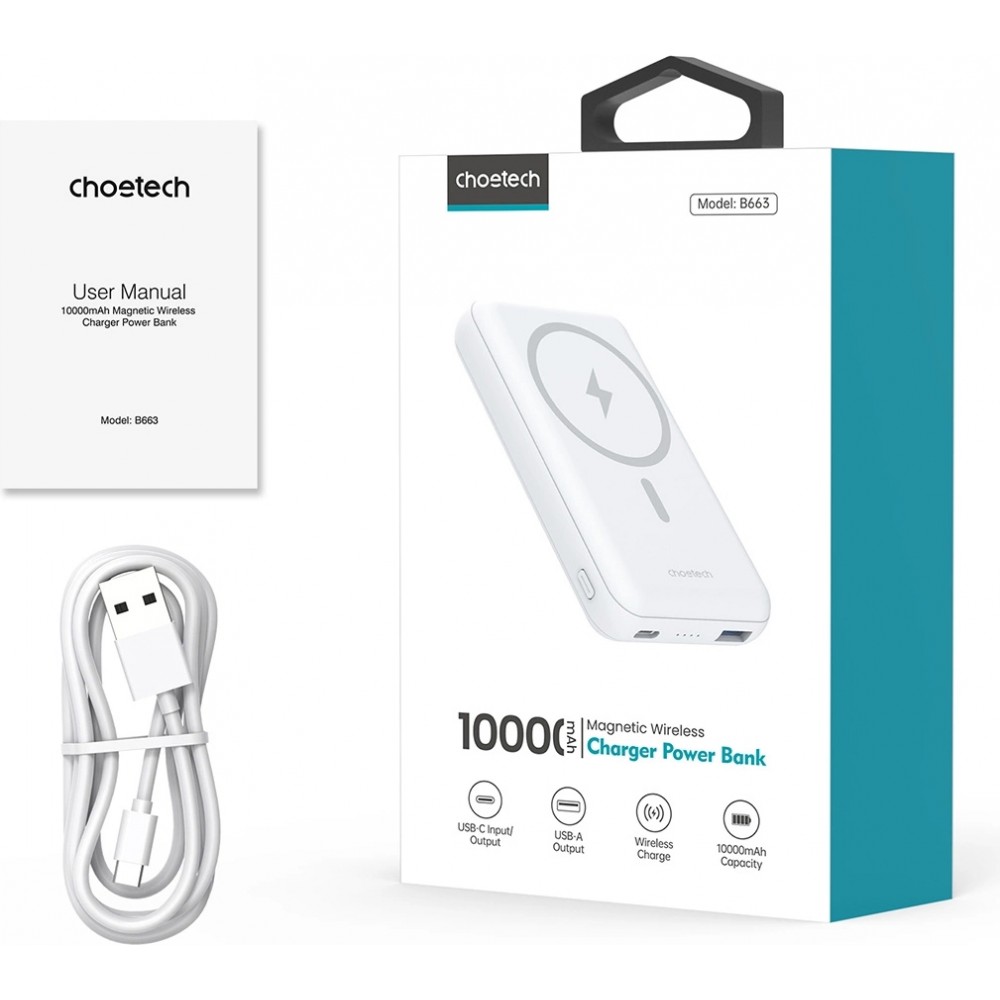 Choetech 10000mAh MagSafe Powerbank - Externe Batterie mit 20W USB-A und USB-C - Weiß