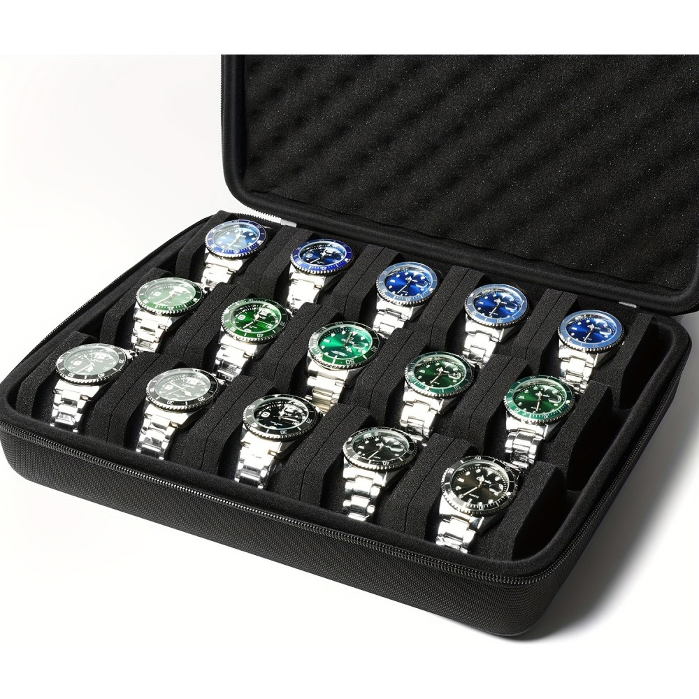 Boîte de rangement pour montres 15 places avec coussin en mousse anti-choc pour voyage - Noir