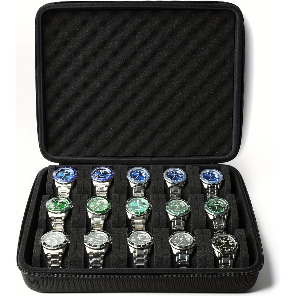 Boîte de rangement pour montres 15 places avec coussin en mousse anti-choc pour voyage - Noir