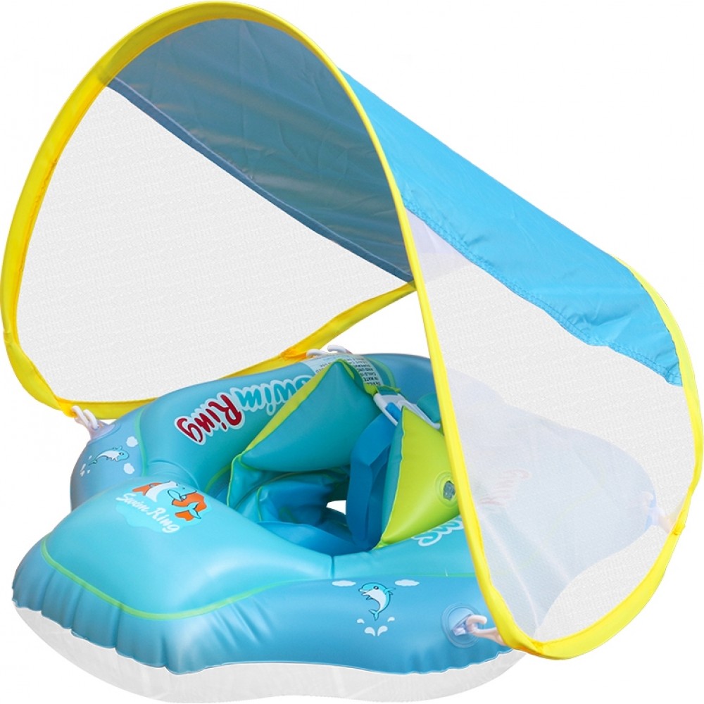 Bouée bébé sécurisée avec harnais et pare-soleil confort et protection UV - Bleu