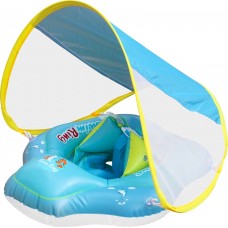 Bouée bébé sécurisée avec harnais et pare-soleil confort et protection UV - Bleu