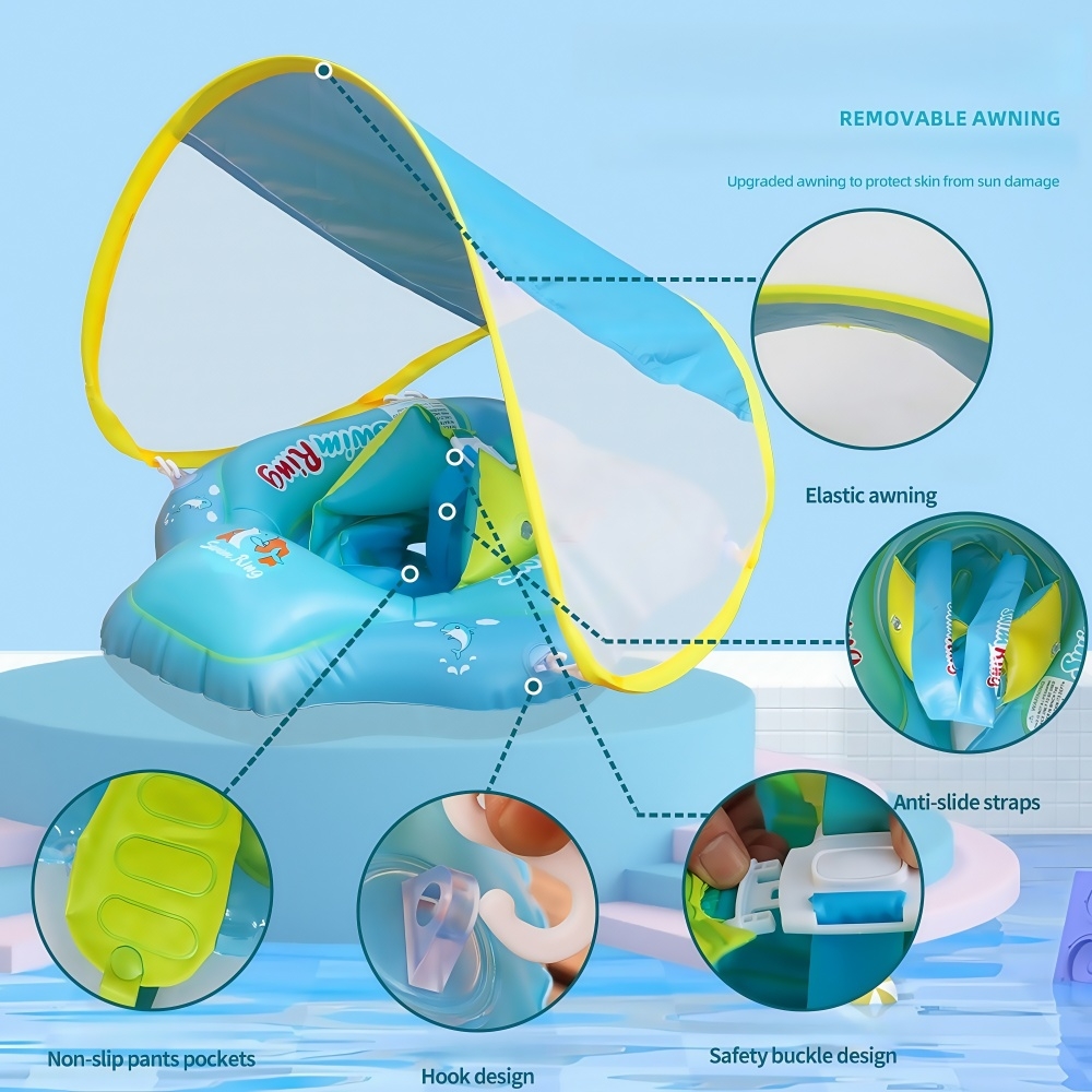 Bouée bébé sécurisée avec harnais et pare-soleil confort et protection UV - Bleu