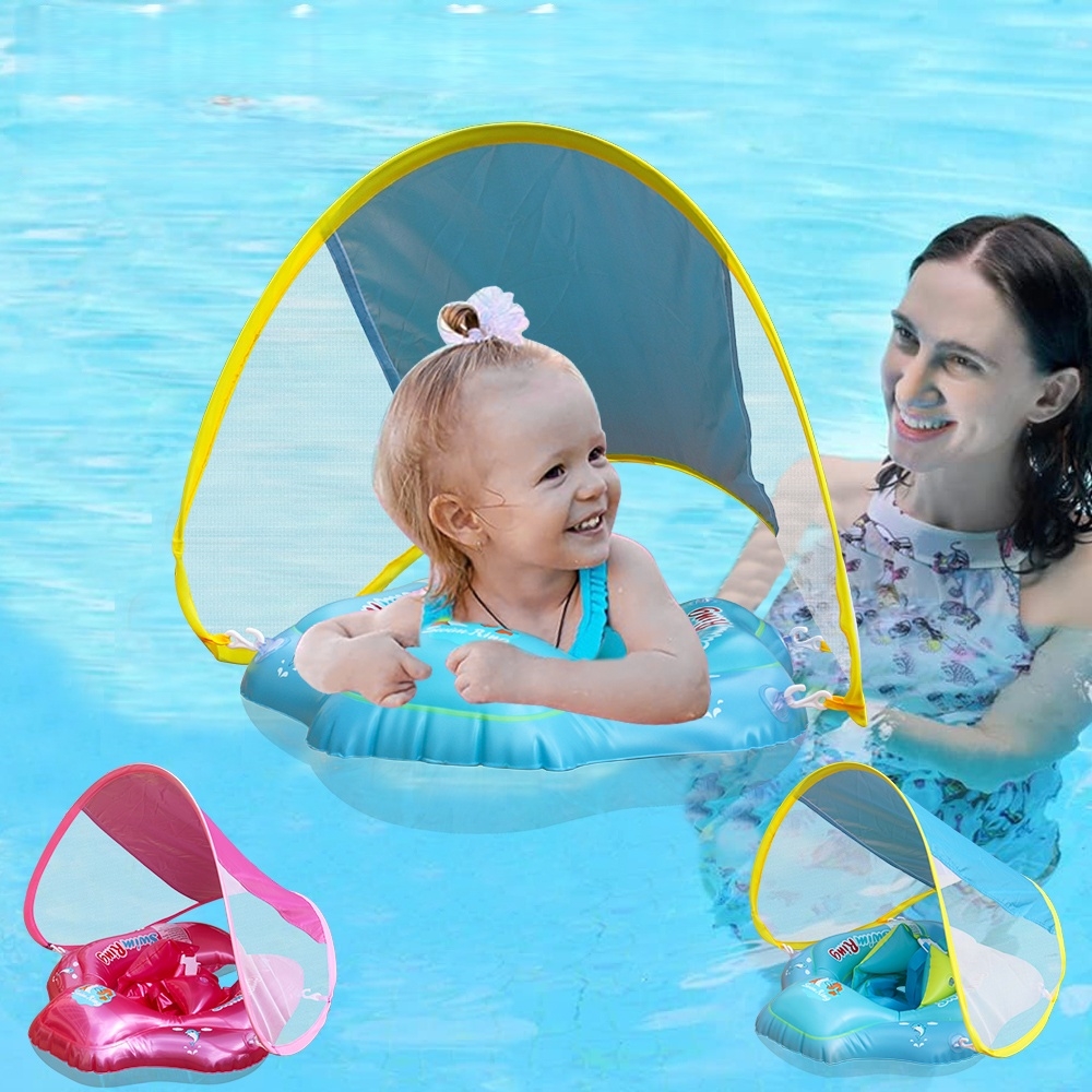 Bouée bébé sécurisée avec harnais et pare-soleil confort et protection UV - Bleu