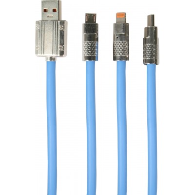 Câble 3 en 1 USB-A bleu Lightning / USB-C / Micro USB (1 m) en silicone résistant et léger - Bleu