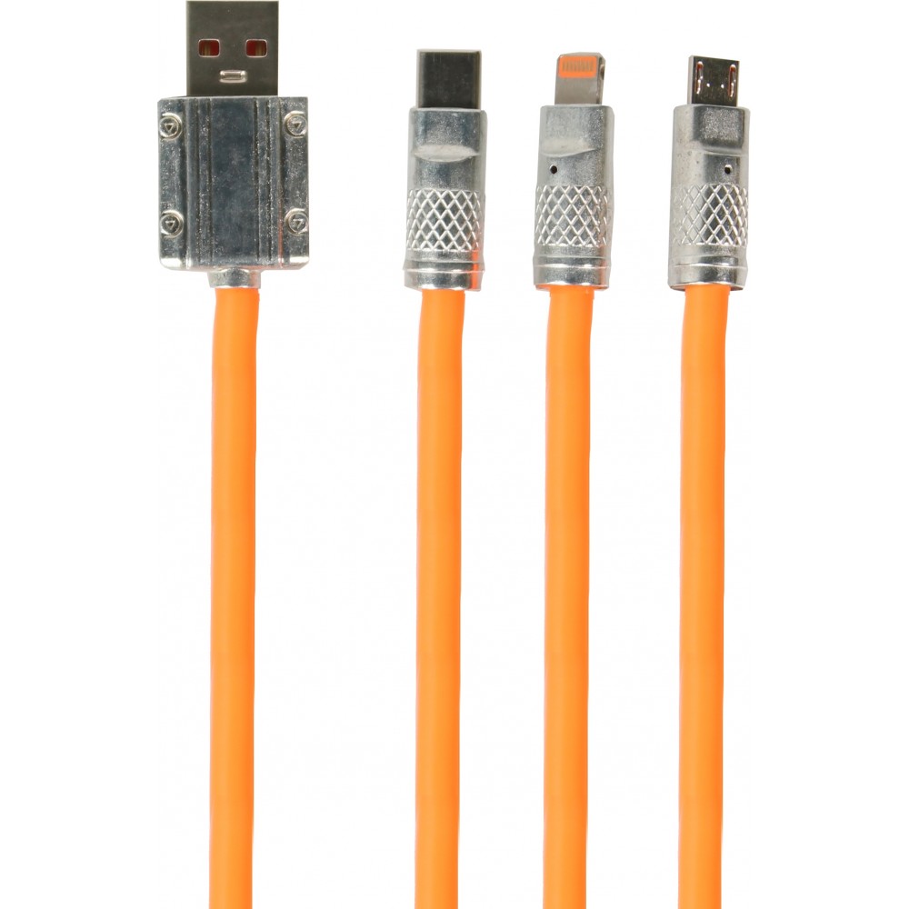 Câble 3 en 1 USB-A orange Lightning / USB-C / Micro USB (1 m) en silicone résistant et léger - Orange