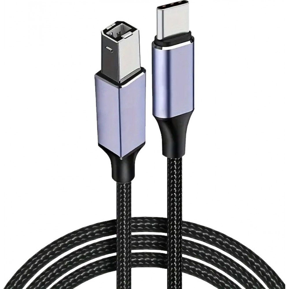 Câble adaptateur USB-B vers USB-C compatible avec différents appareils flexible léger et en nylon (2 m) - Noir