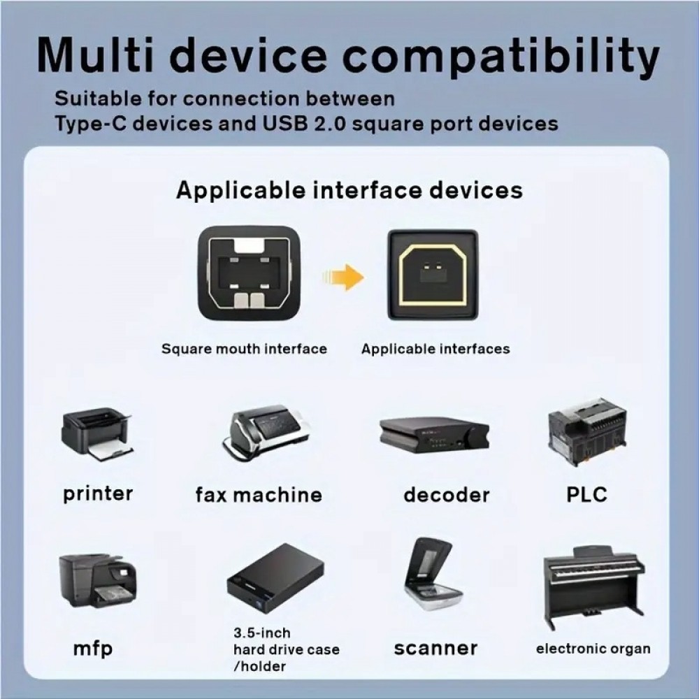 Câble adaptateur USB-B vers USB-C compatible avec différents appareils flexible léger et en nylon (2 m) - Noir