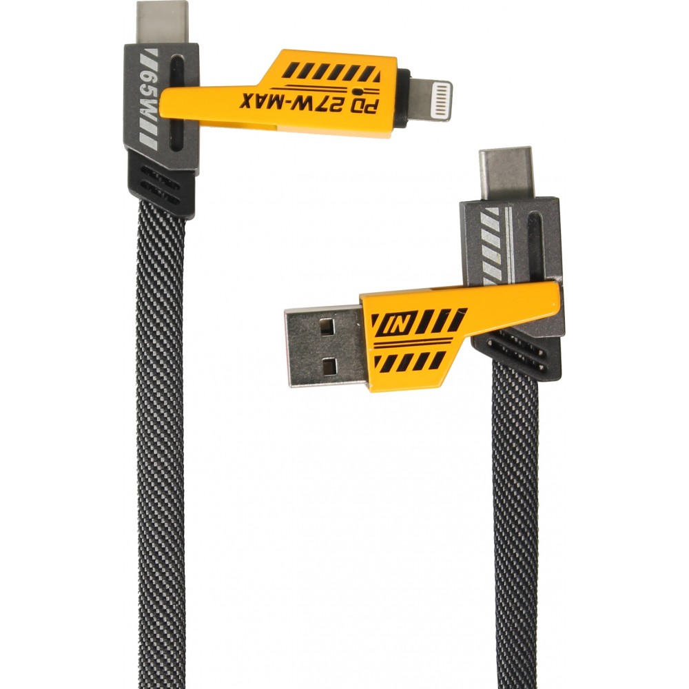 Câble convertible USB-A / USB-C vers Lightning / USB-C multifonction PD 27W, renfort textile et ultra résistant - Noir/orange