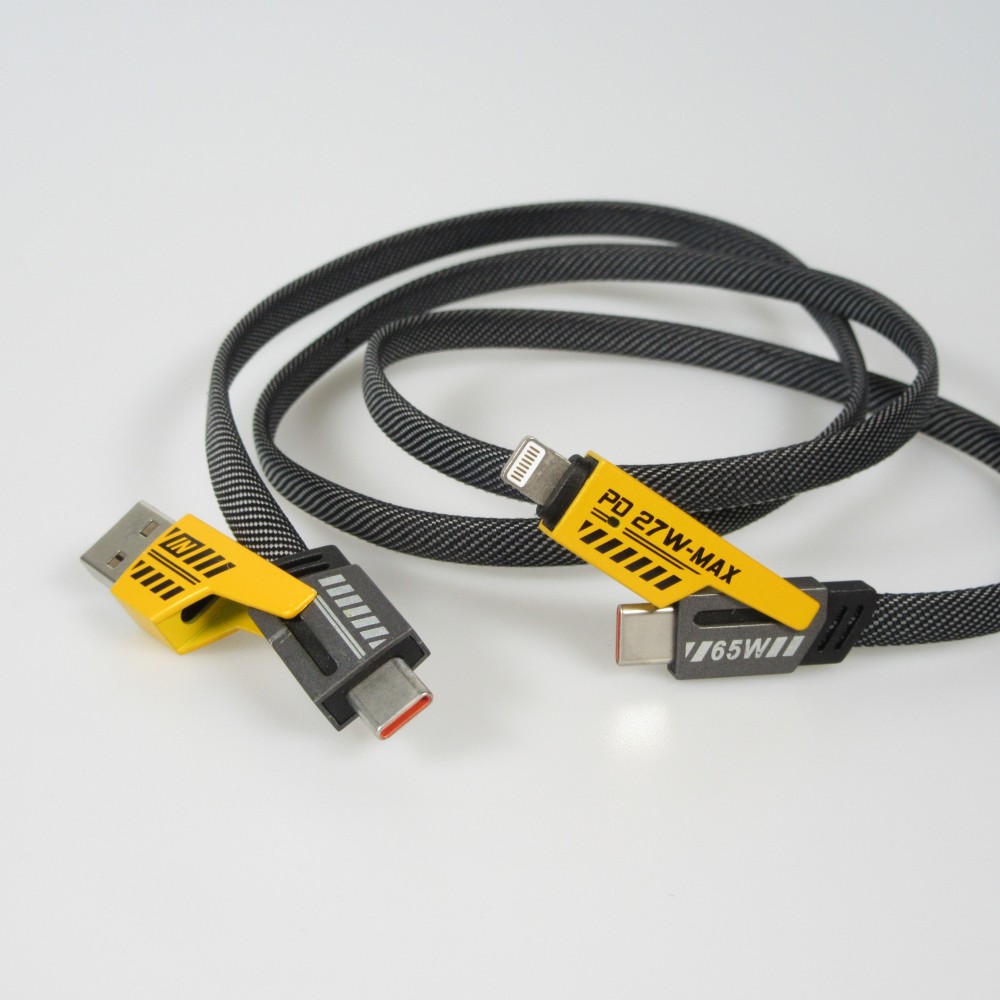 Câble convertible USB-A / USB-C vers Lightning / USB-C multifonction PD 27W, renfort textile et ultra résistant - Noir/orange