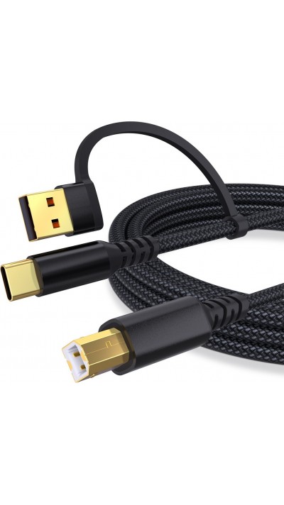 Câble USB-B vers USB-A et USB-C tressé nylon charge rapide pour imprimante et périphériques (1m) - Noir