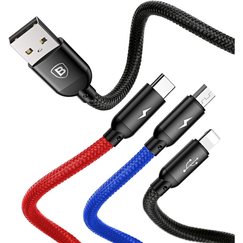 Câble USB 3 en 1 Baseus Micro USB / Lightning / USB-C 3.5A (1.2 m) charge et données - Noir