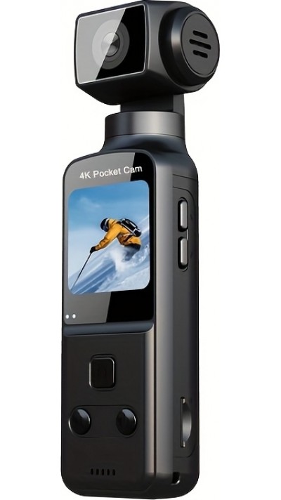 Caméra d'action portable 4K avec objectif rotatif 270° légère rechargeable pour vlogging et voyage - Noir