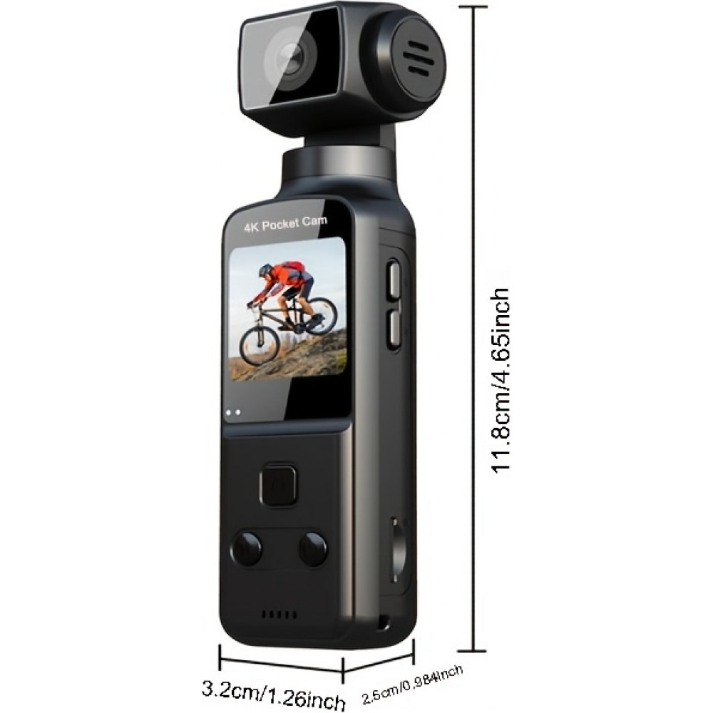 Caméra d'action portable 4K avec objectif rotatif 270° légère rechargeable pour vlogging et voyage - Noir