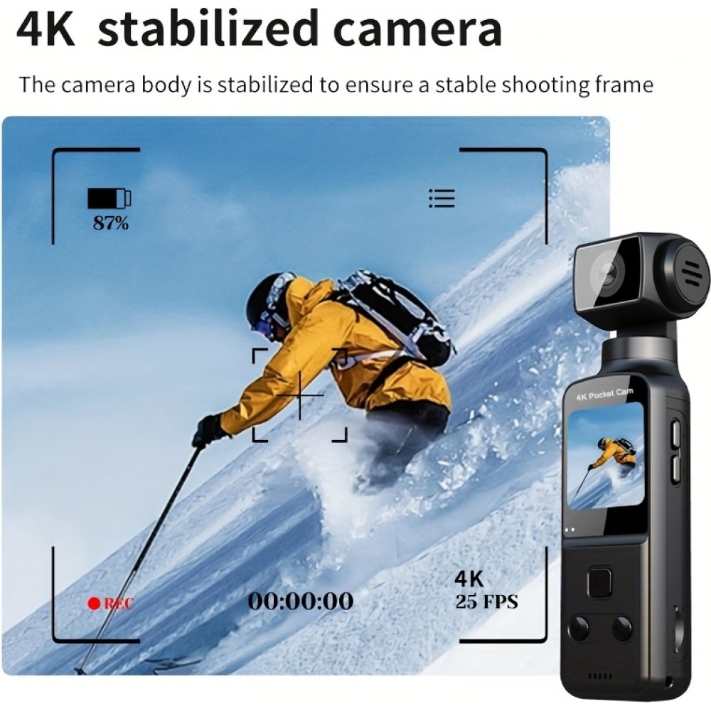 Caméra d'action portable 4K avec objectif rotatif 270° légère rechargeable pour vlogging et voyage - Noir