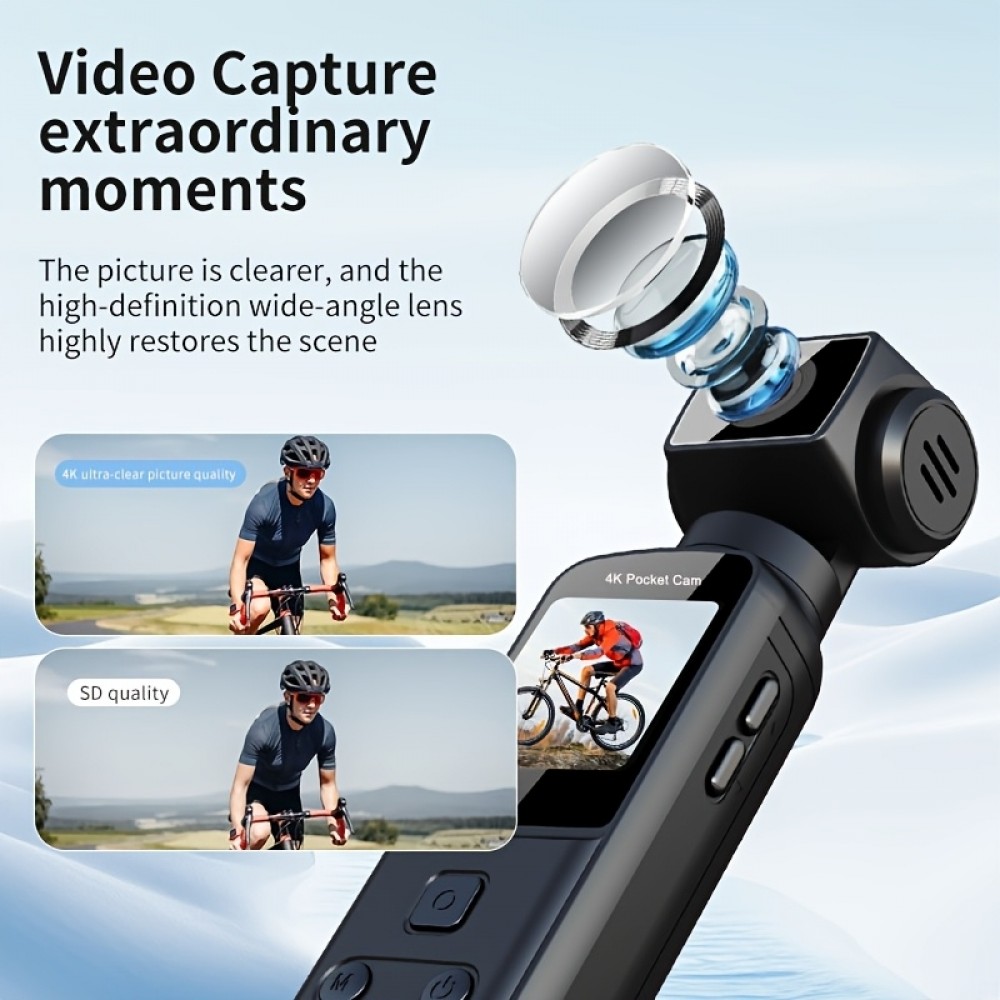 Caméra d'action portable 4K avec objectif rotatif 270° légère rechargeable pour vlogging et voyage - Noir