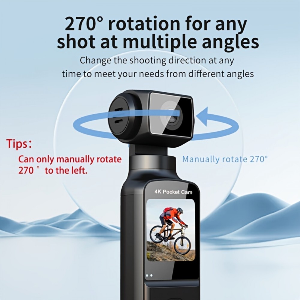 Caméra d'action portable 4K avec objectif rotatif 270° légère rechargeable pour vlogging et voyage - Noir