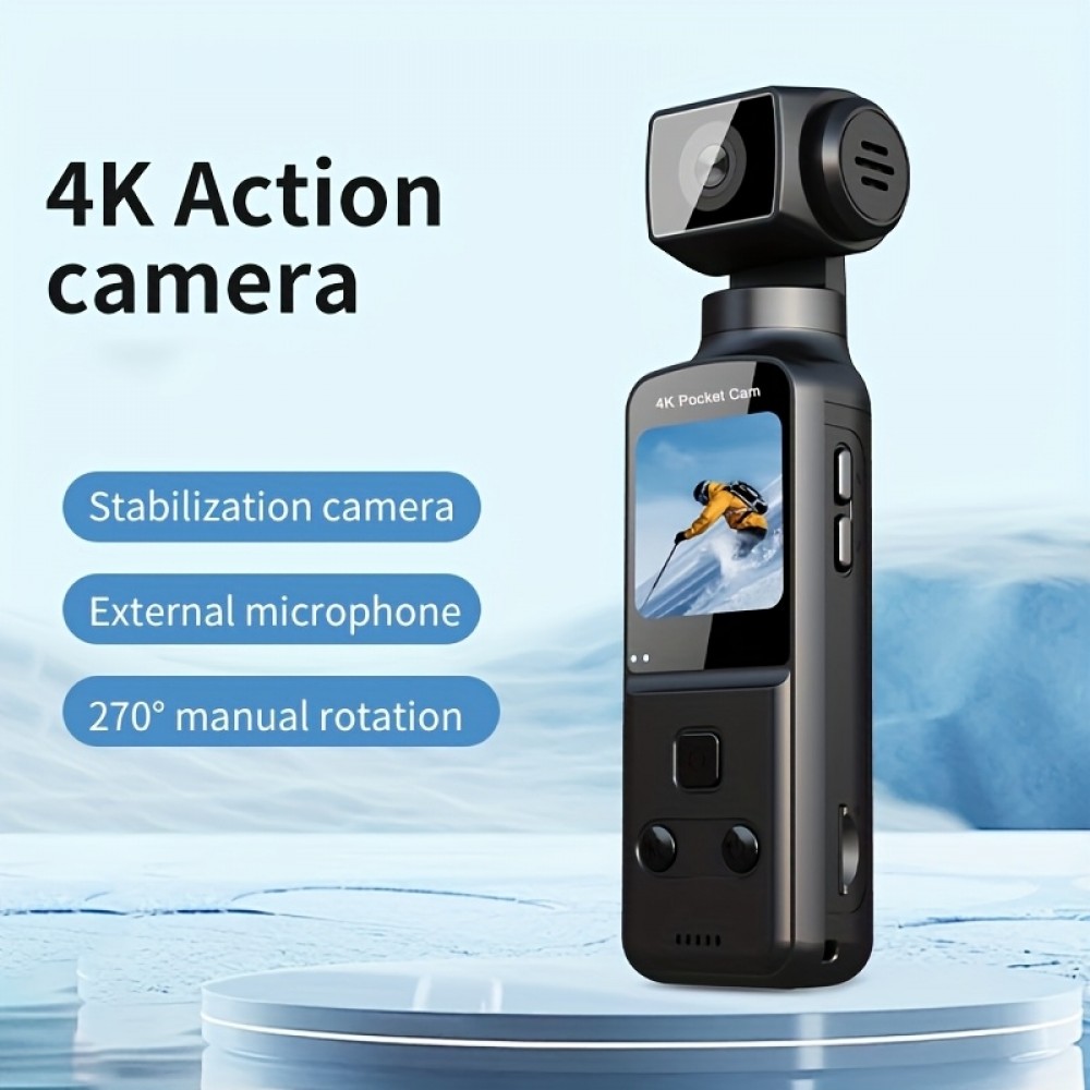 Caméra d'action portable 4K avec objectif rotatif 270° légère rechargeable pour vlogging et voyage - Noir