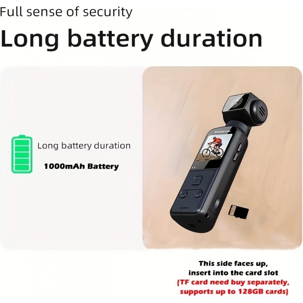 Caméra d'action portable 4K avec objectif rotatif 270° légère rechargeable pour vlogging et voyage - Noir