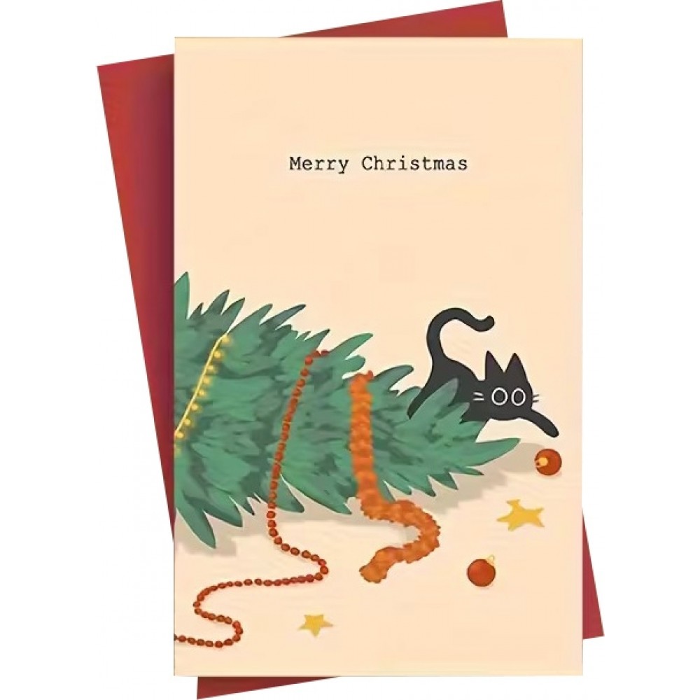 Carte de No&euml;l chat mignon avec enveloppe rouge carte festive originale - Beige