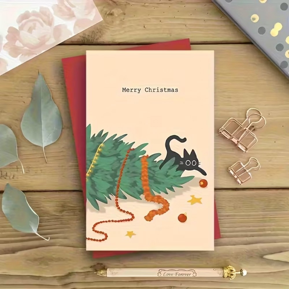 Carte de No&euml;l chat mignon avec enveloppe rouge carte festive originale - Beige
