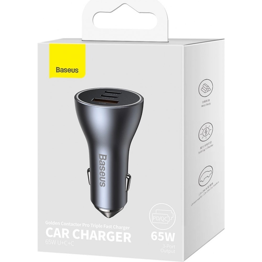 Chargeur de voiture Baseus Golden Contactor Pro USB-A et 2x USB-C 65W - Gris