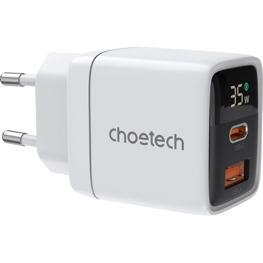 Chargeur mural Choetech USB-C PD 35W double port rapide avec protections intégrées - Blanc
