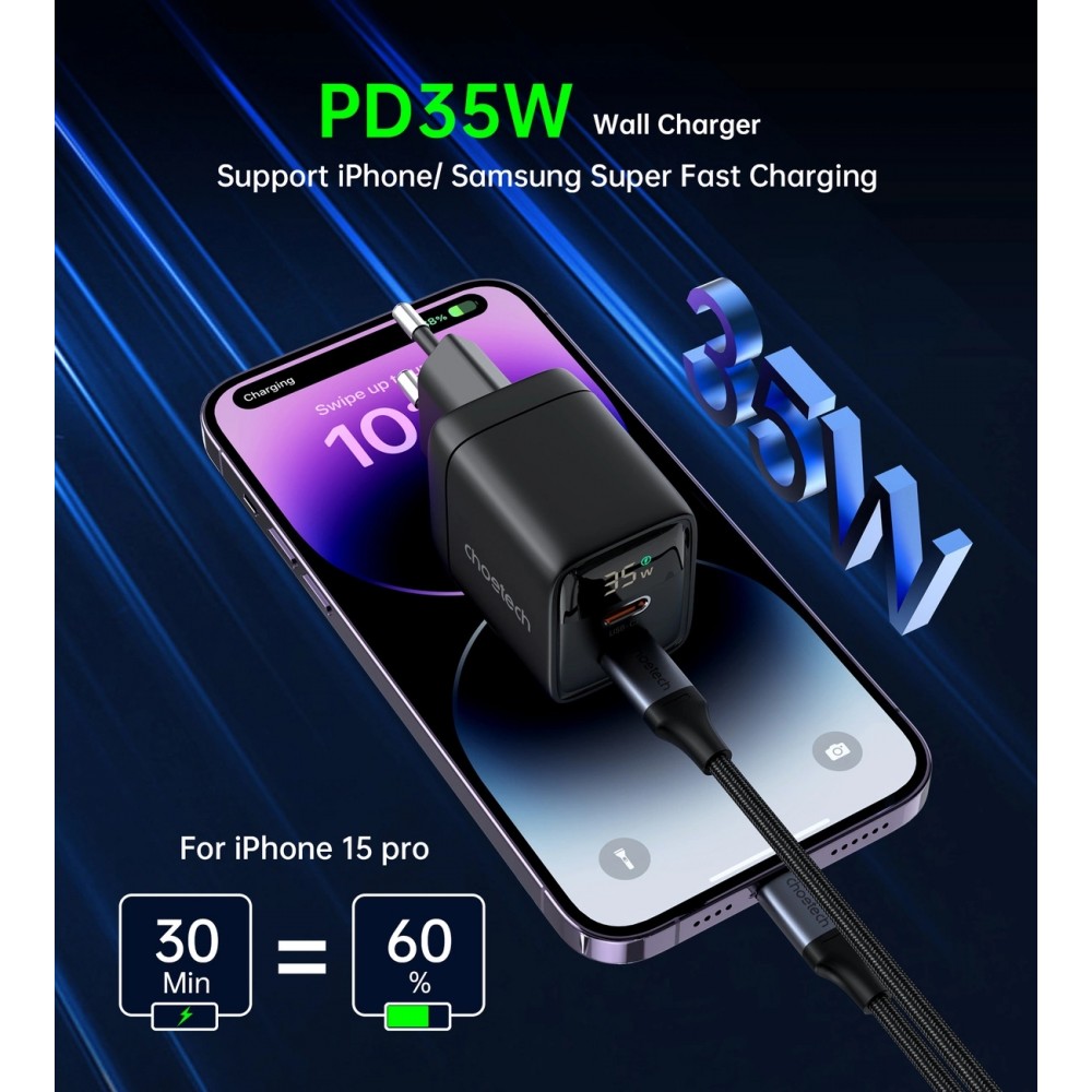 Choetech 35W USB-C PD Schnellladegerät mit 2 Ports und integrierten Schutzfunktionen - Schwarz