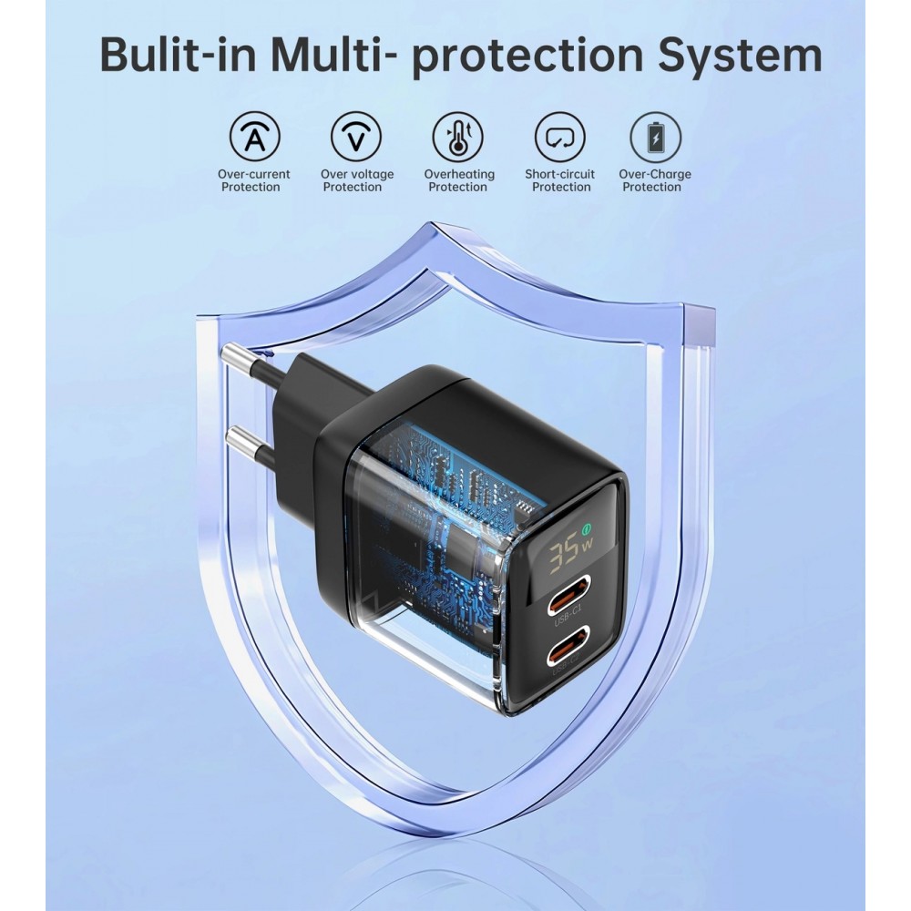 Choetech 35W USB-C PD Schnellladegerät mit 2 Ports und integrierten Schutzfunktionen - Schwarz