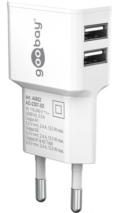 Chargeur mural double Goobay 12W USB-A adaptateur secteur USB compact - Blanc