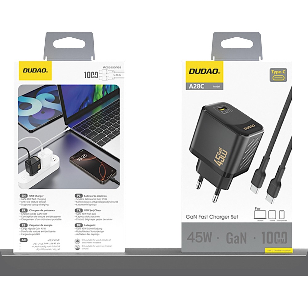 Dudao A28C 45W GaN Wandladegerät mit rutschfestem USB-C-Kabel - Schwarz